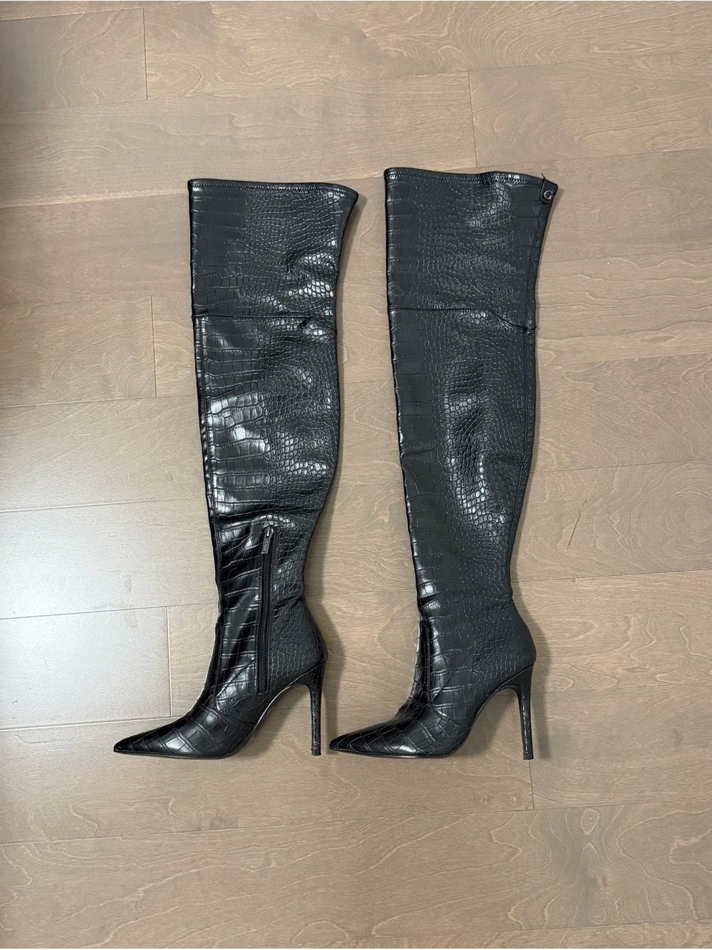 GUESS Black Croc-Embossed Over-the-Knee Stiletto Boots - Picture 4 of 7